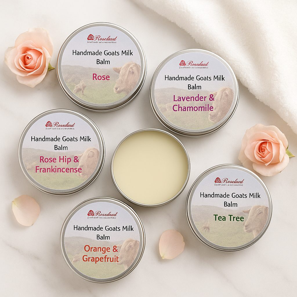 Five tins of handmade goat's milk balm with roses and petals
